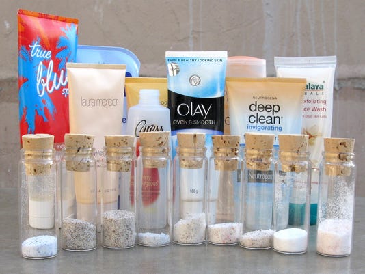 Image of products which contain microbeads, and vials of microbeads from each product.