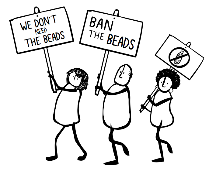 illustration of characters holding protest signs reading "ban the beads"